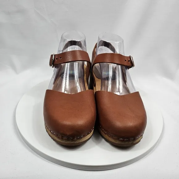Mia Namby Clogs Ankle Strap Buckle Closed Toe Low Platform Wood Leather Brown 38