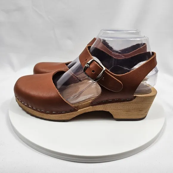 Mia Namby Clogs Ankle Strap Buckle Closed Toe Low Platform Wood Leather Brown 38