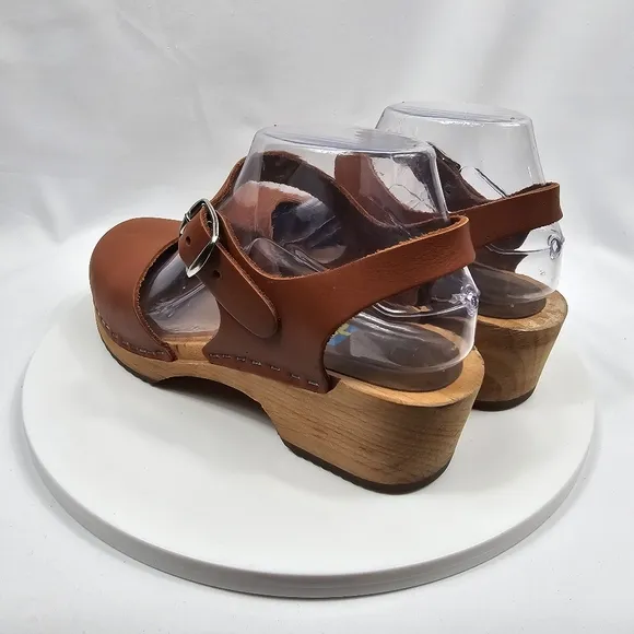 Mia Namby Clogs Ankle Strap Buckle Closed Toe Low Platform Wood Leather Brown 38