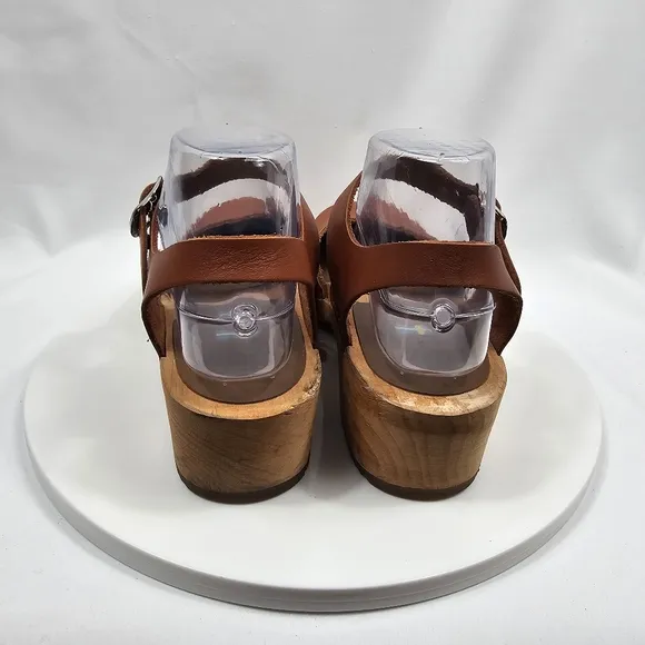 Mia Namby Clogs Ankle Strap Buckle Closed Toe Low Platform Wood Leather Brown 38