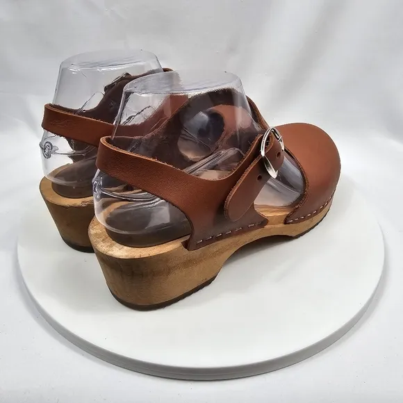 Mia Namby Clogs Ankle Strap Buckle Closed Toe Low Platform Wood Leather Brown 38
