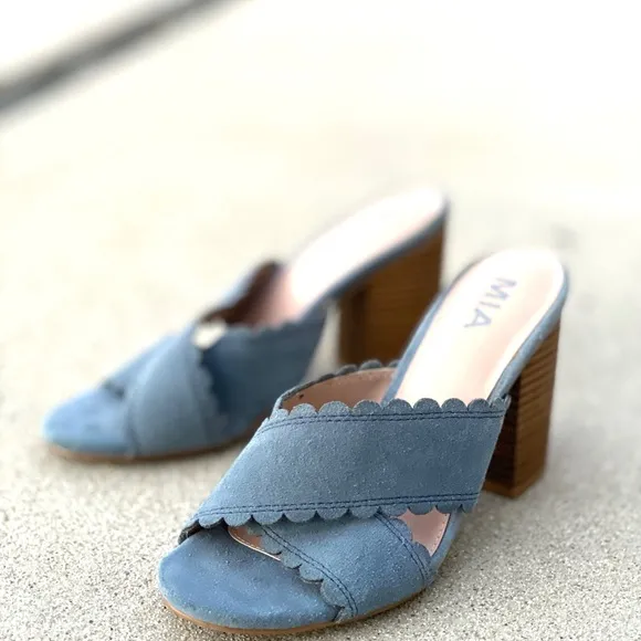 MIA suede sandals heels slides clogs block chunky blue gray ROSALYN Women’s 8.5