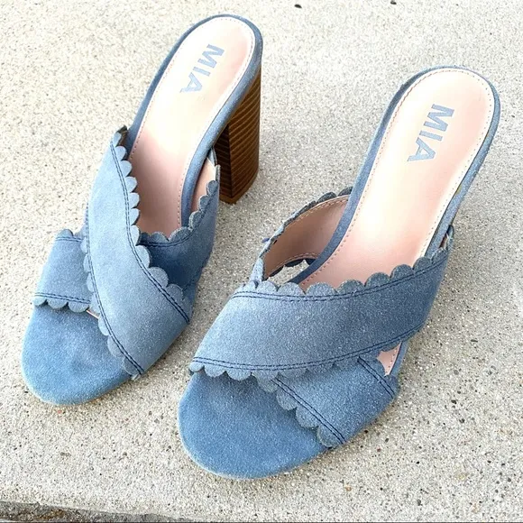 MIA suede sandals heels slides clogs block chunky blue gray ROSALYN Women’s 8.5