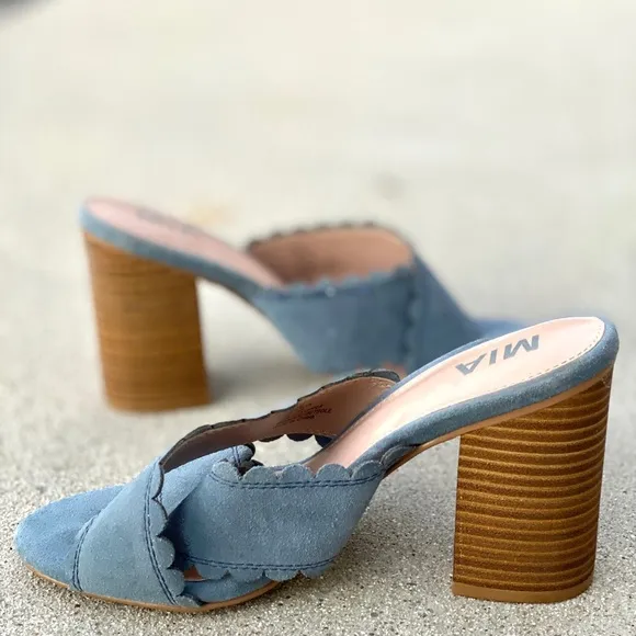 MIA suede sandals heels slides clogs block chunky blue gray ROSALYN Women’s 8.5