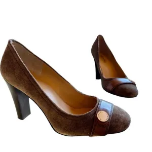 Michael Kors Brown Suede Leather Pumps 7.5M Stacked Block Heels Career Classy