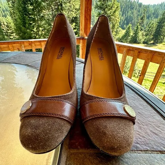 Michael Kors Brown Suede Leather Pumps 7.5M Stacked Block Heels Career Classy