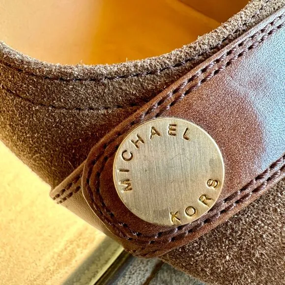 Michael Kors Brown Suede Leather Pumps 7.5M Stacked Block Heels Career Classy