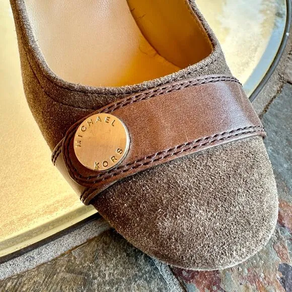 Michael Kors Brown Suede Leather Pumps 7.5M Stacked Block Heels Career Classy