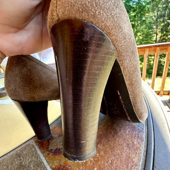 Michael Kors Brown Suede Leather Pumps 7.5M Stacked Block Heels Career Classy