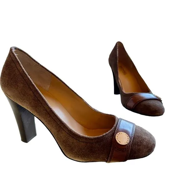 Michael Kors Brown Suede Leather Pumps 7.5M Stacked Block Heels Career Classy