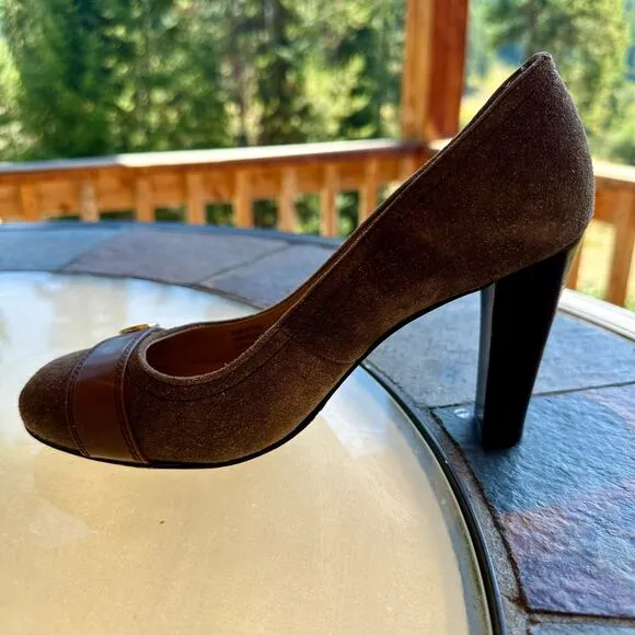 Michael Kors Brown Suede Leather Pumps 7.5M Stacked Block Heels Career Classy