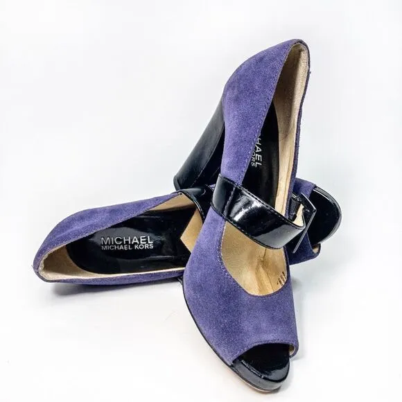 Michael Kors Hanna Purple Suede Open Toe Buckle Pumps Sz 7M