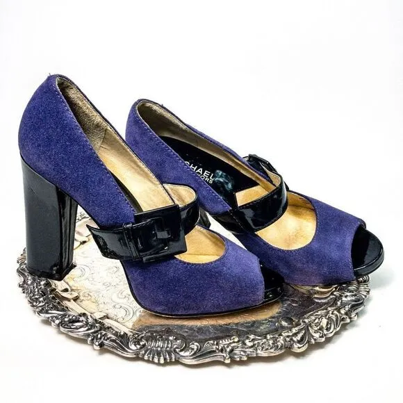 Michael Kors Hanna Purple Suede Open Toe Buckle Pumps Sz 7M