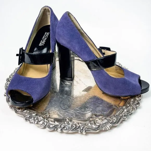 Michael Kors Hanna Purple Suede Open Toe Buckle Pumps Sz 7M