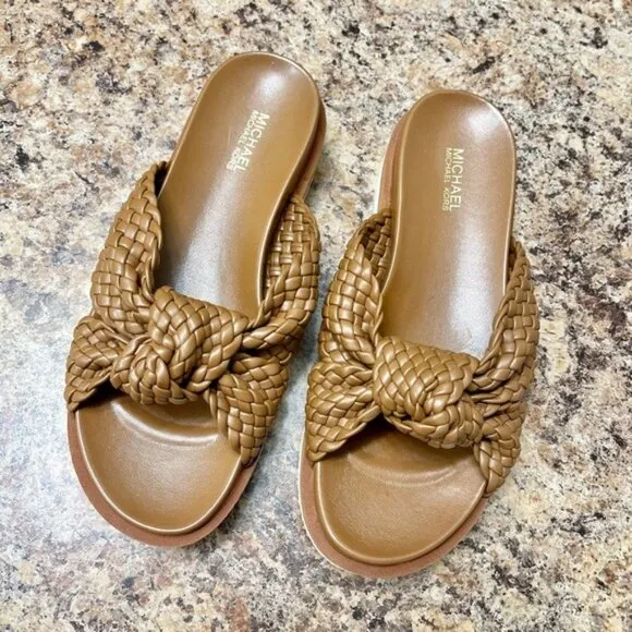 MICHAEL KORS Josie Braided Platform Slides in Tan Size 6