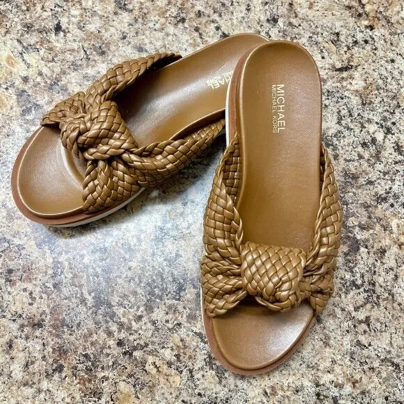 MICHAEL KORS Josie Braided Platform Slides in Tan Size 6