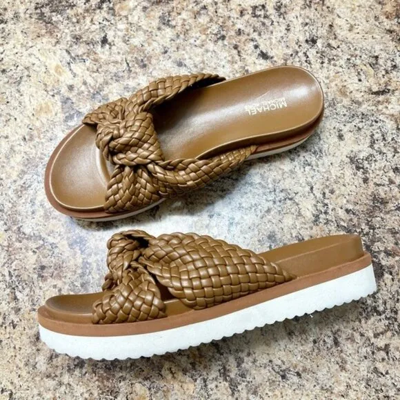 MICHAEL KORS Josie Braided Platform Slides in Tan Size 6