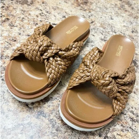 MICHAEL KORS Josie Braided Platform Slides in Tan Size 6