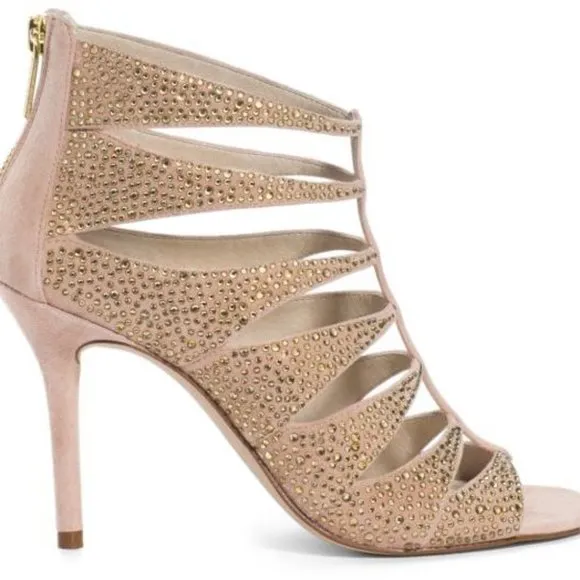 Michael Kors Mavis Crystallized Suede Caged Heels 10