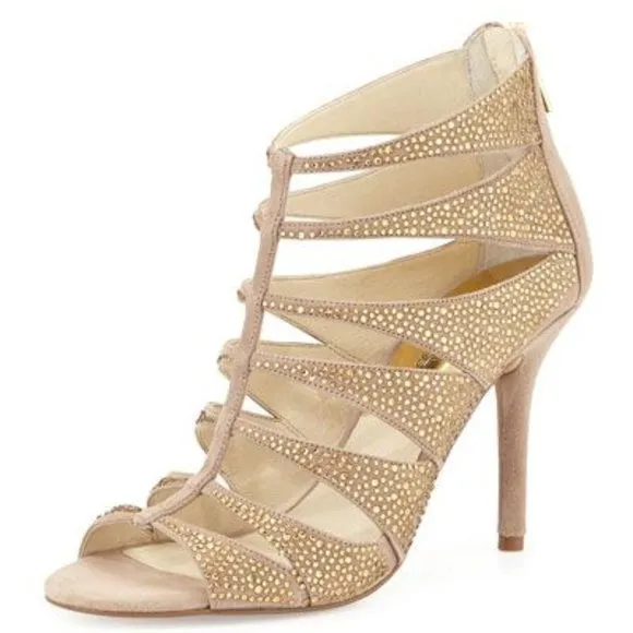 Michael Kors Mavis Crystallized Suede Caged Heels 10