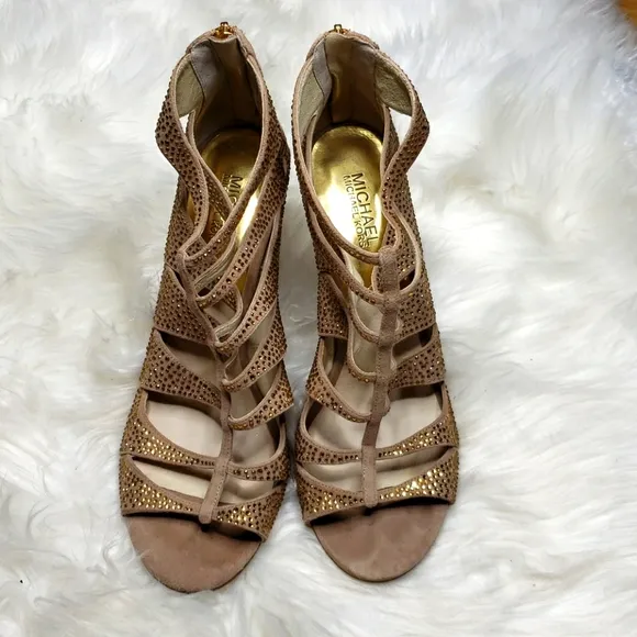 Michael Kors Mavis Crystallized Suede Caged Heels 10