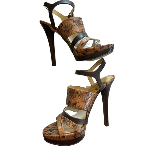 Michael Kors Nadja Platform Open Toe Heels Snakeskin Animal Print Embossed 6