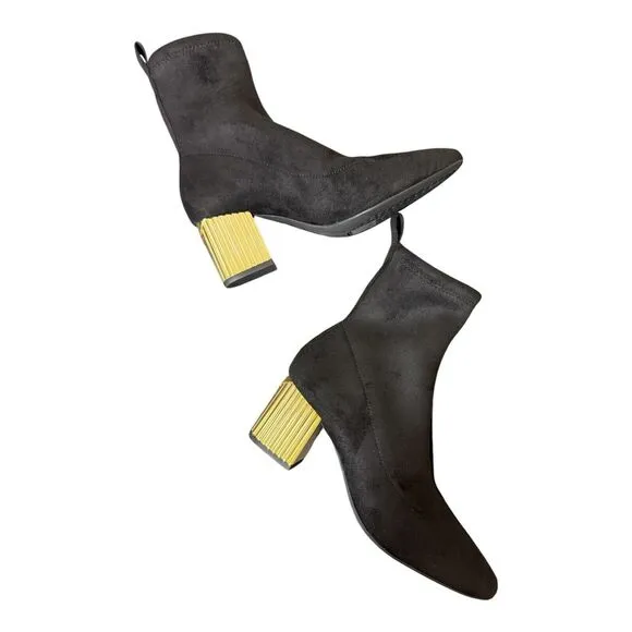 Michael Kors Porter Mid Bootie Sz 5 Black Stretch Faux Suede Gold  Heels NWOB