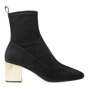 Michael Kors Porter Mid Bootie Sz 5 Black Stretch Faux Suede Gold  Heels NWOB