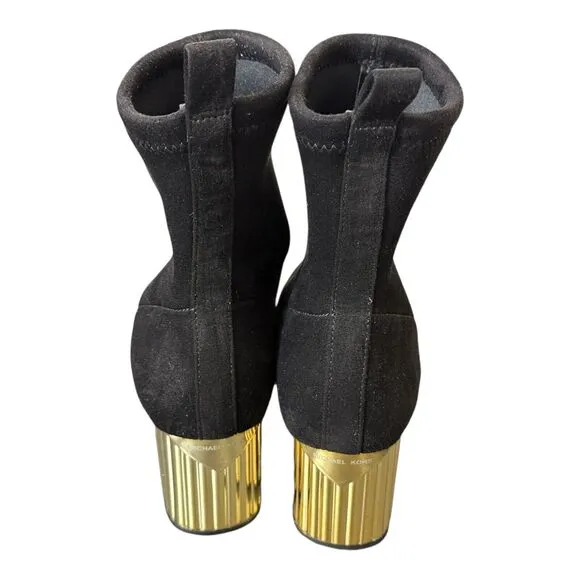 Michael Kors Porter Mid Bootie Sz 5 Black Stretch Faux Suede Gold  Heels NWOB