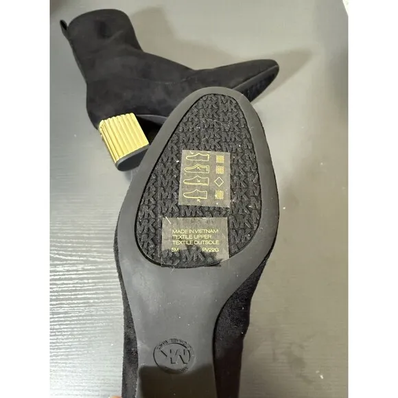 Michael Kors Porter Mid Bootie Sz 5 Black Stretch Faux Suede Gold  Heels NWOB