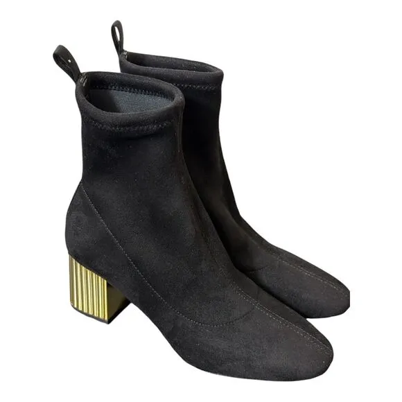 Michael Kors Porter Mid Bootie Sz 5 Black Stretch Faux Suede Gold  Heels NWOB