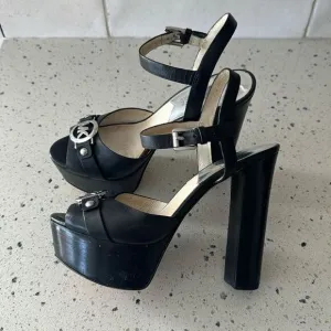 Michael Kors Racquel Platform Black Leather high Block Heels Open Toe Size 6.5M
