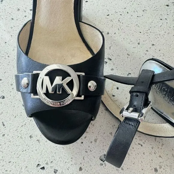 Michael Kors Racquel Platform Black Leather high Block Heels Open Toe Size 6.5M