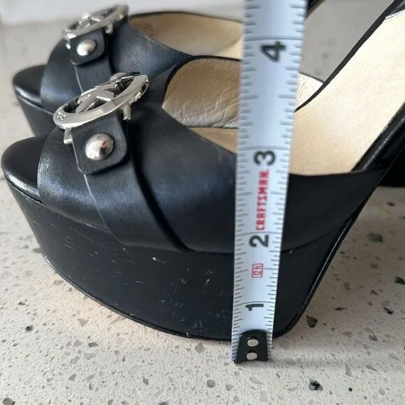Michael Kors Racquel Platform Black Leather high Block Heels Open Toe Size 6.5M