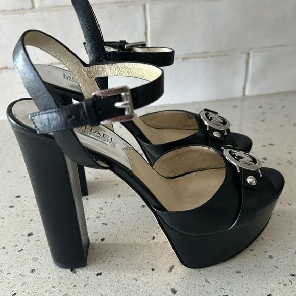 Michael Kors Racquel Platform Black Leather high Block Heels Open Toe Size 6.5M
