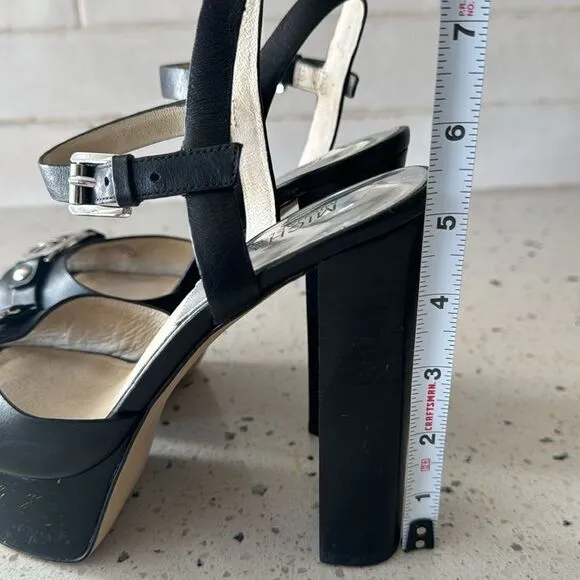 Michael Kors Racquel Platform Black Leather high Block Heels Open Toe Size 6.5M
