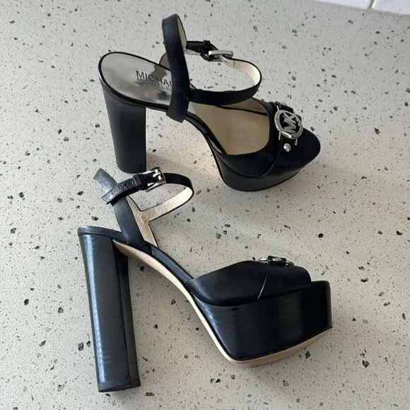 Michael Kors Racquel Platform Black Leather high Block Heels Open Toe Size 6.5M
