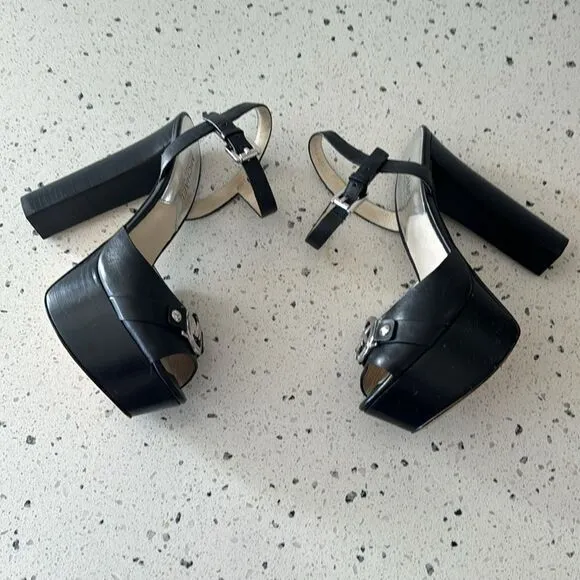 Michael Kors Racquel Platform Black Leather high Block Heels Open Toe Size 6.5M