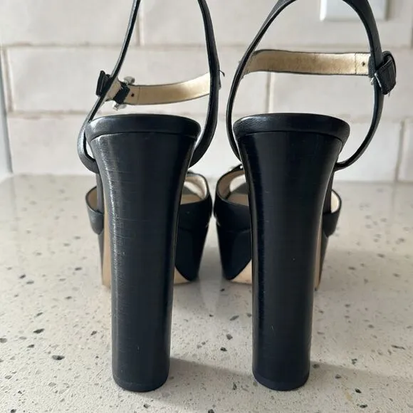Michael Kors Racquel Platform Black Leather high Block Heels Open Toe Size 6.5M