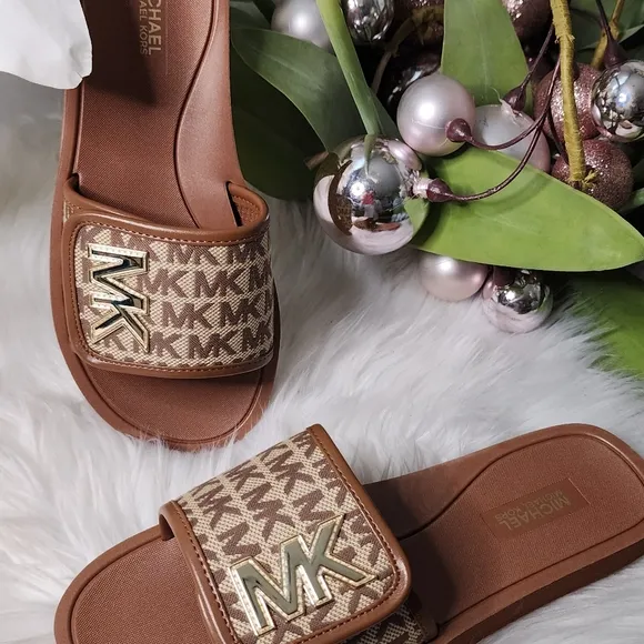 Michael Kors Strappy Brown/Gold Womens Slides New