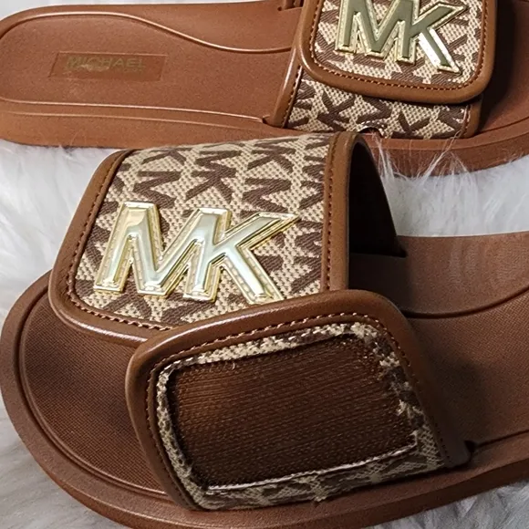Michael Kors Strappy Brown/Gold Womens Slides New