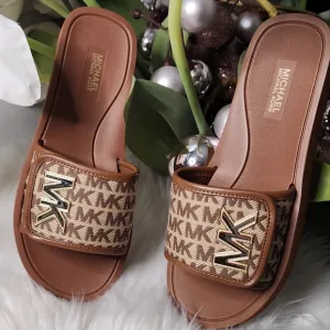 Michael Kors Strappy Brown/Gold Womens Slides New