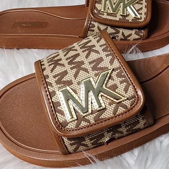 Michael Kors Strappy Brown/Gold Womens Slides New