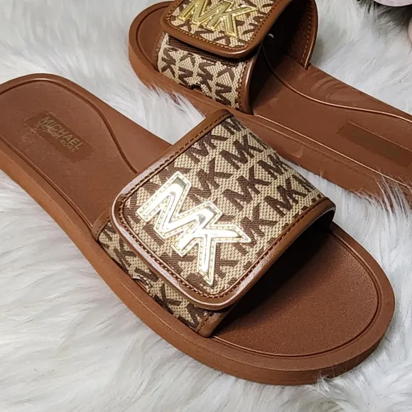Michael Kors Strappy Brown/Gold Womens Slides New