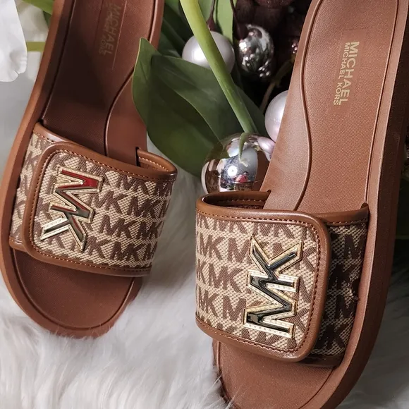 Michael Kors Strappy Brown/Gold Womens Slides New