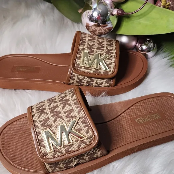 Michael Kors Strappy Brown/Gold Womens Slides New