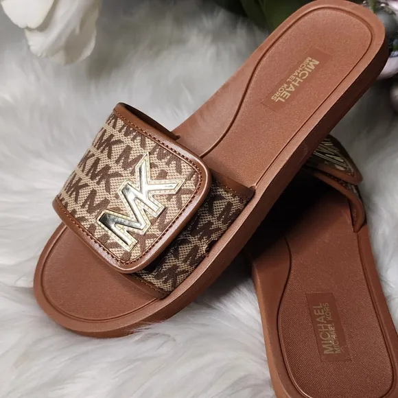 Michael Kors Strappy Brown/Gold Womens Slides New