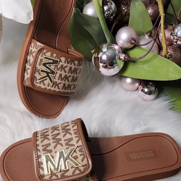 Michael Kors Strappy Brown/Gold Womens Slides New