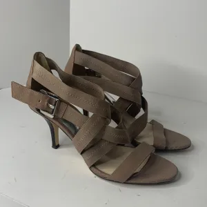 Michael Kors taupe leather Carina cross-strap heels