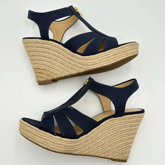Michael Kors Womens Damita Espadrille Wedge Sandal Size 10M Navy Canvas Woven
